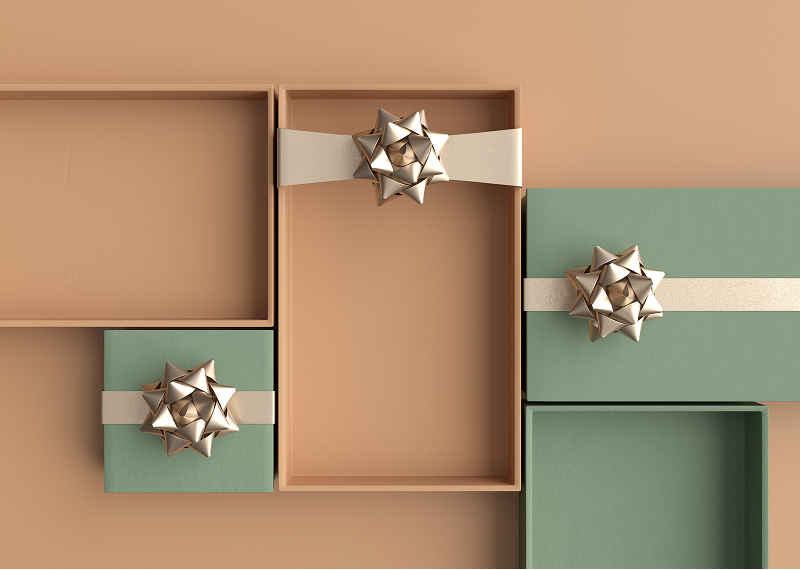 Gift boxes with bows on geometric background